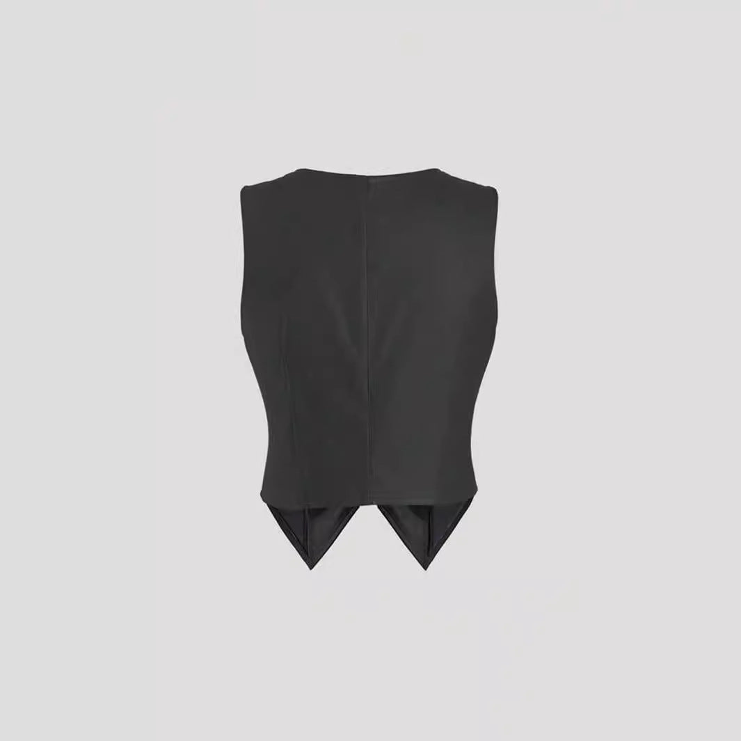 Women Wear Sleeveless Leather V neck Zipper Front Long Back Short Faux Leather Vest Autumn Winter