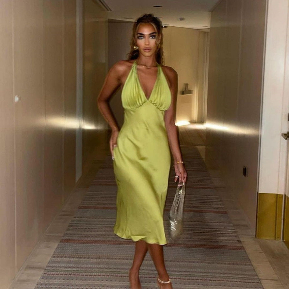 Sexy High Waist Midi Strap Type Sleeveless V-neck One-Step Dress Pleated Dress