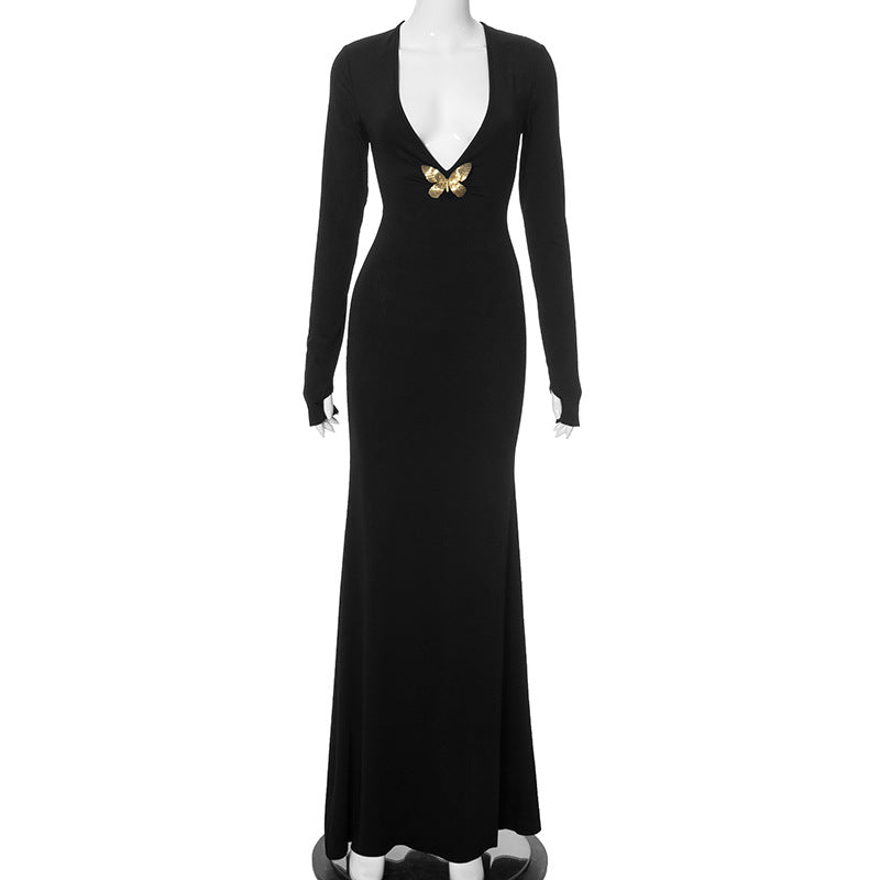 Summer Women Solid Color Deep V Plunge High Waist Fishtail Dress Elegant Dress